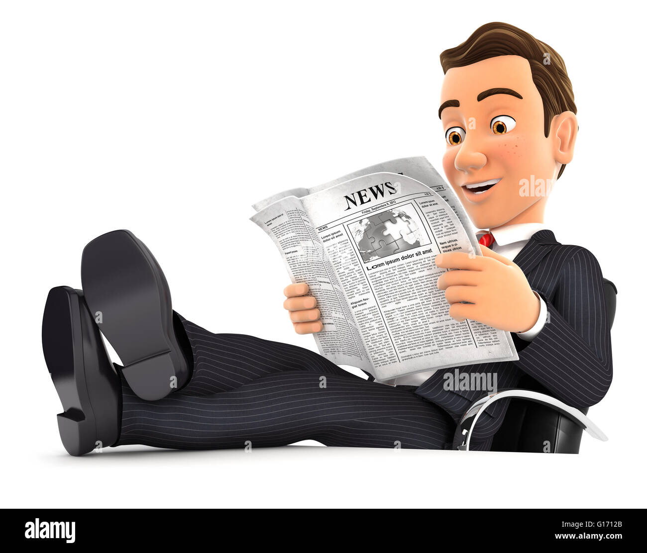 3D Geschäftsmann lesen Zeitung mit den Füßen auf Schreibtisch, isolierten weißen Hintergrund Stockfoto