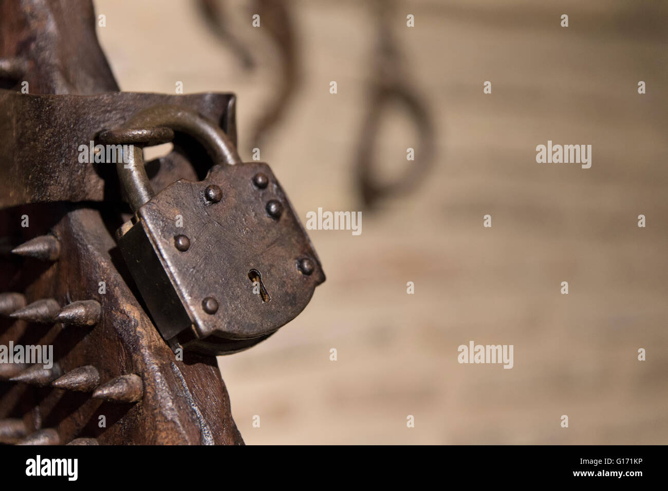 Detail der Folterstuhl im 15. Jahrhundert von der spanischen Inquisition verwendet Stockfoto Detail der Folterstuhl im 15. Jahrhundert von der spanischen Inquisition verwendet Stockfoto