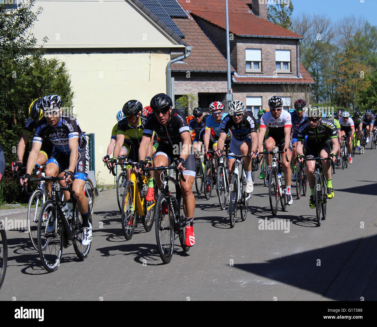 AALST, Belgien 5. Mai 2016: Amateurfahrer der verschiedenen Zyklus Clubs konkurrieren in einem Fahrradrennen durch die Straßen von Herdersem, Aalst. Stockfoto