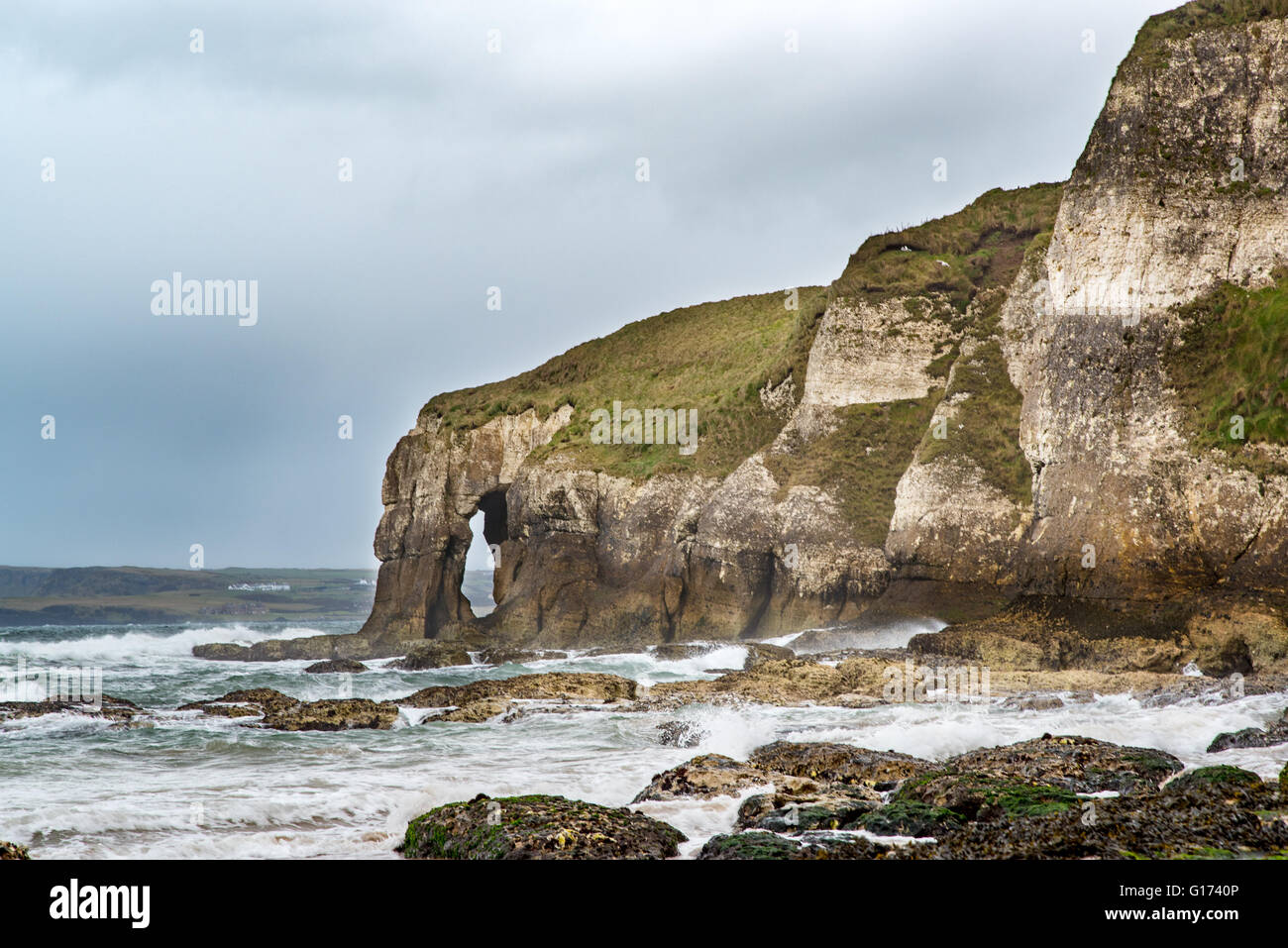 Felsbogen, bekannt als der Elephant Rock, in der Nähe von White Rocks Beach, Portrush, Co. Antrim, Nordirland. Stockfoto
