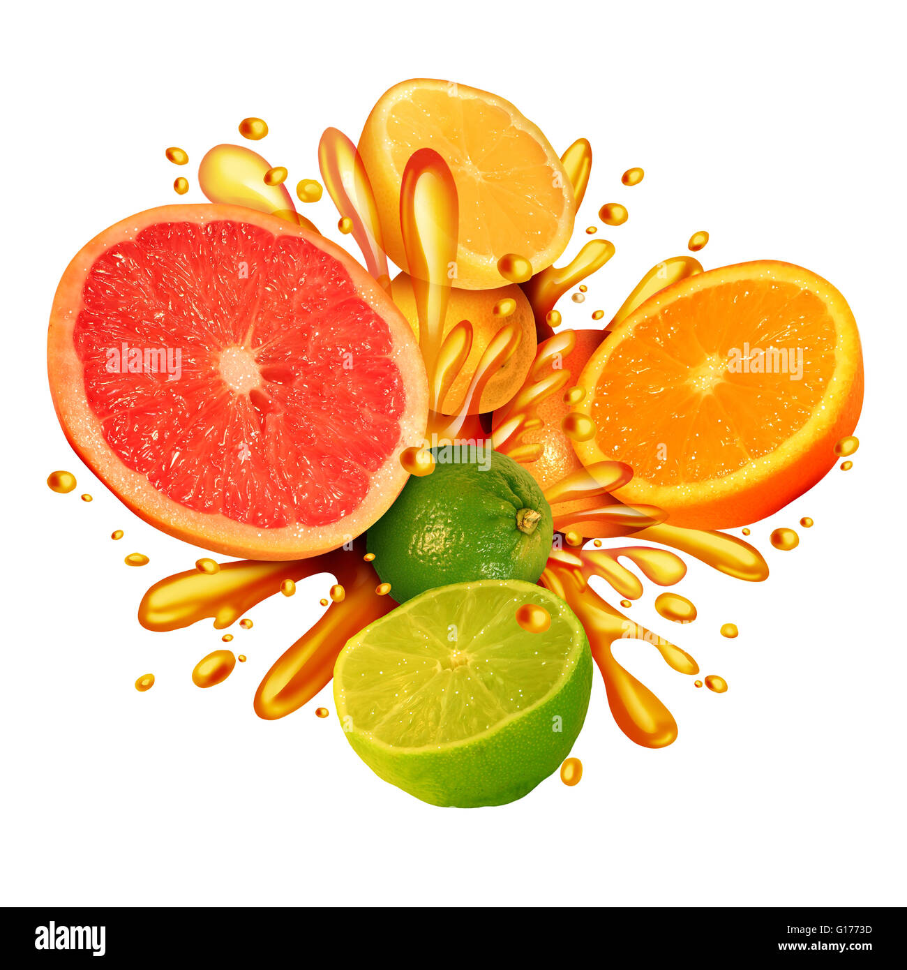 Zitrusfrüchte splash Symbol mit einer Gruppe von frischen Orangen, Zitronen, Mandarinen und Grapefruit planschen im Saft für ein gesundes Leben essen Bio saftige gesunde Ernährung reich an natürlichen Vitaminen in einer 3D Darstellung Stil Kalk. Stockfoto