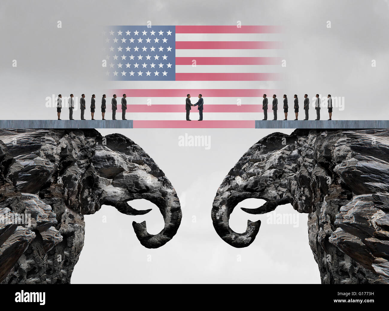 Amerikanische Konservative Abkommen und republikanischen Versöhnung Konzept als zwei Berghänge, geformt wie ein Elefant-Symbol als ein Symbol der amerikanischen politischen Accoprd als 3D Illustration zusammenkommen. Stockfoto