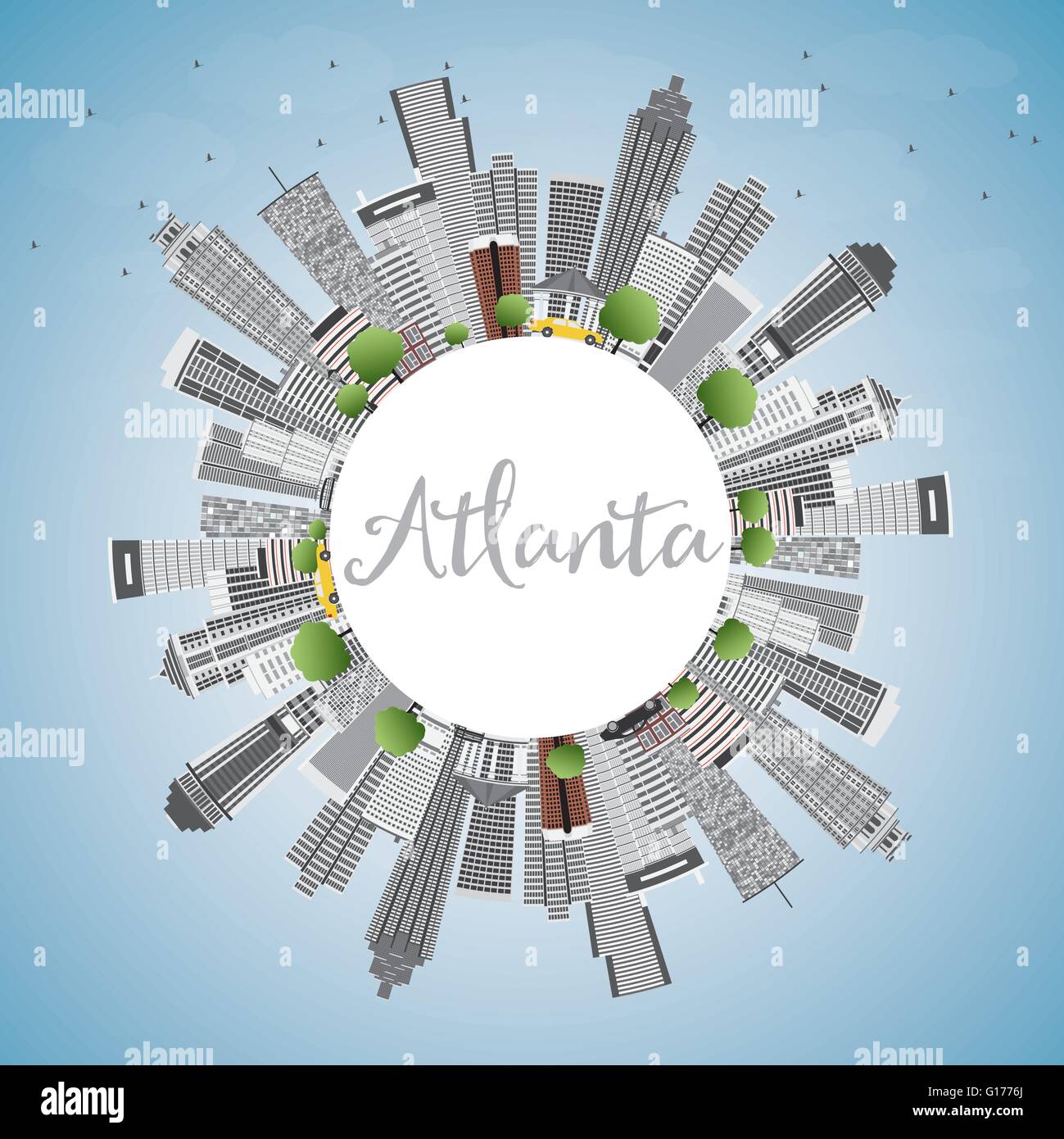 Skyline von Atlanta mit grauen Gebäuden, blauer Himmel und Textfreiraum. Vektor-Illustration. Geschäftsreisen und Tourismus-Konzept Stock Vektor