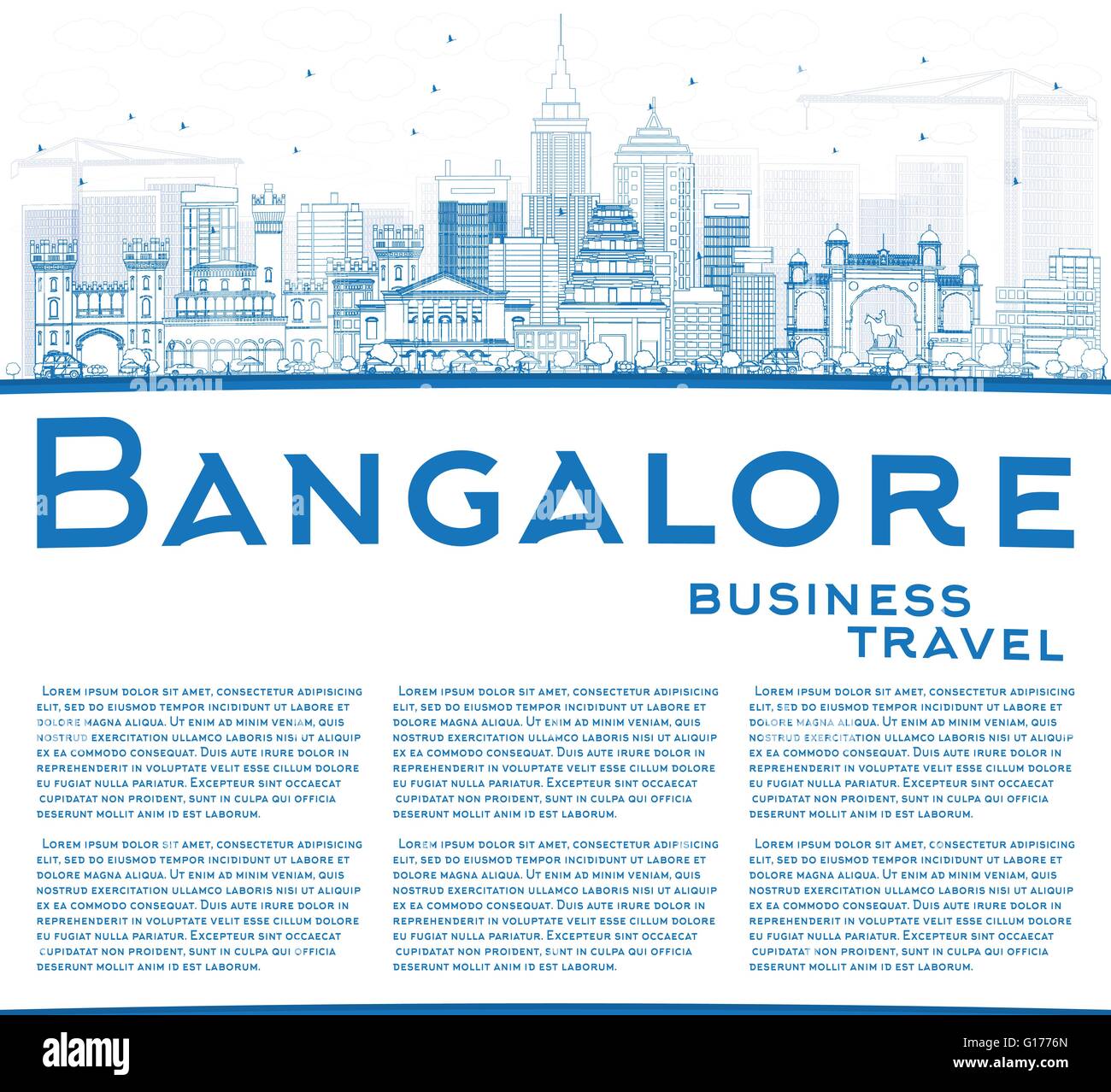 Umriss Bangalore mit blauen Gebäuden und textfreiraum Skyline. Vektor-Illustration. Geschäftsreisen und Tourismus-Konzept Stock Vektor