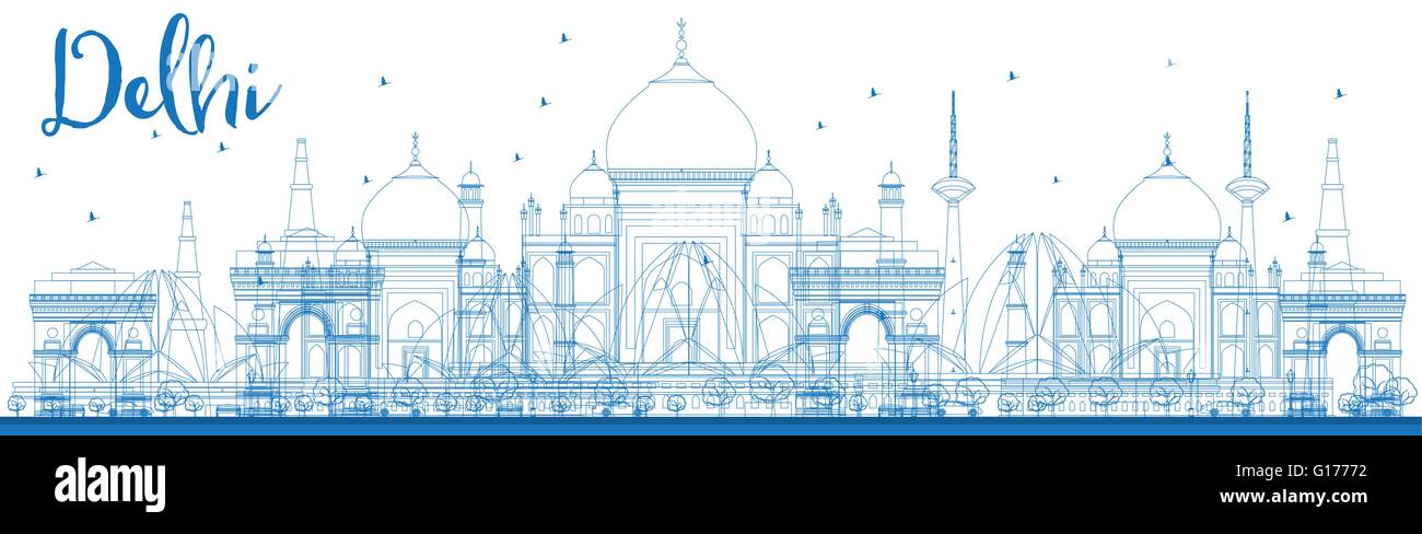 Umriss-Delhi Skyline mit blauen Wahrzeichen. Vektor-Illustration. Business-Reisen und Tourismus-Konzept mit historischen Gebäuden. Stock Vektor