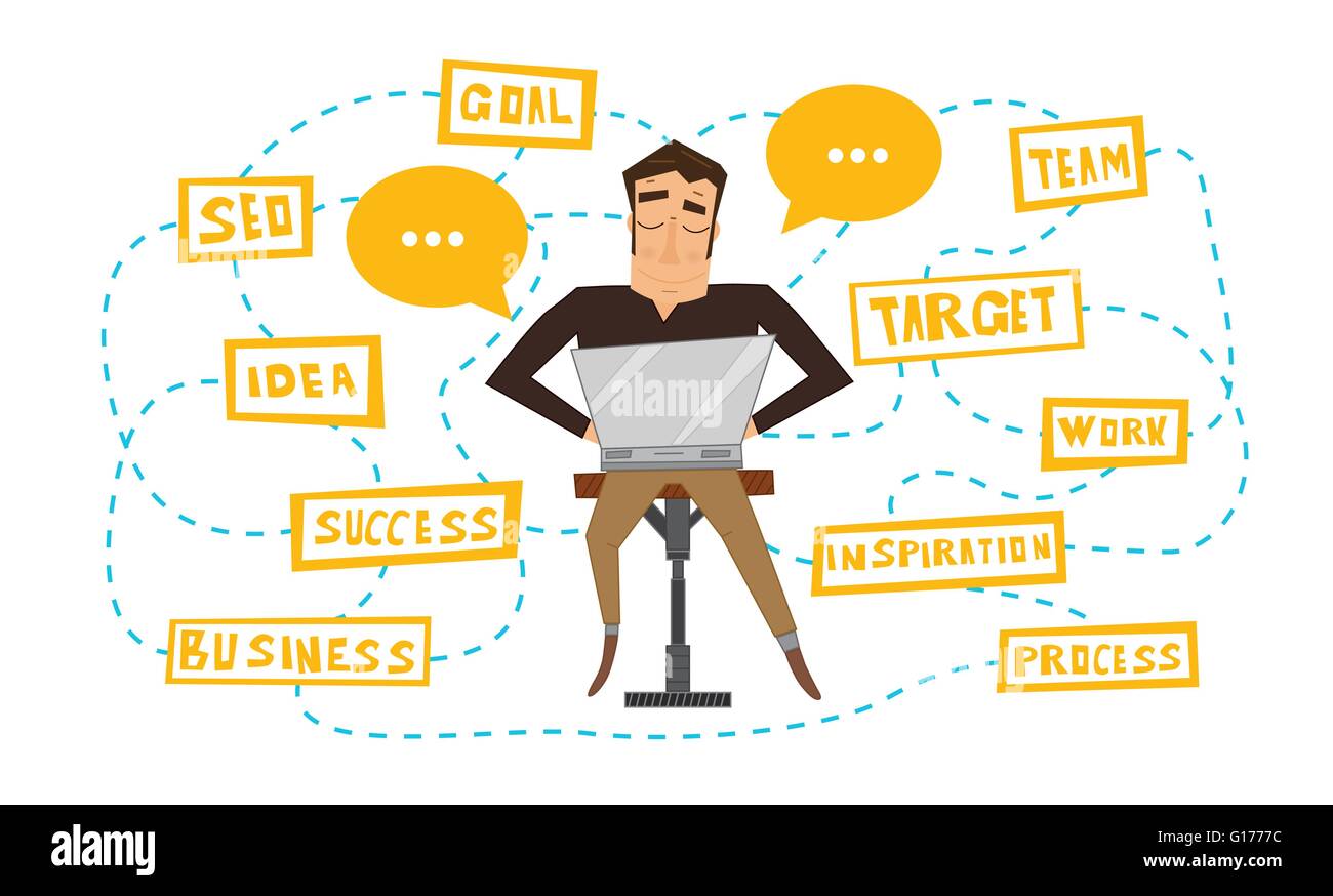 Geschäftsmann, arbeiten mit Laptop. Vektor-Illustration. Business-Prozess-Schema. Man isoliert auf weißem Hintergrund. Freier Mitarbeiter Stock Vektor