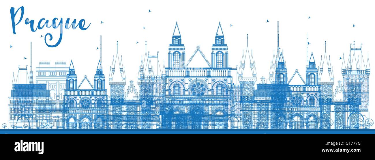 Skizzieren Sie mit blauen Sehenswürdigkeiten Prag Skyline. Vektor-Illustration. Wirtschaft und Tourismus-Konzept mit alten Gebäuden. Stock Vektor