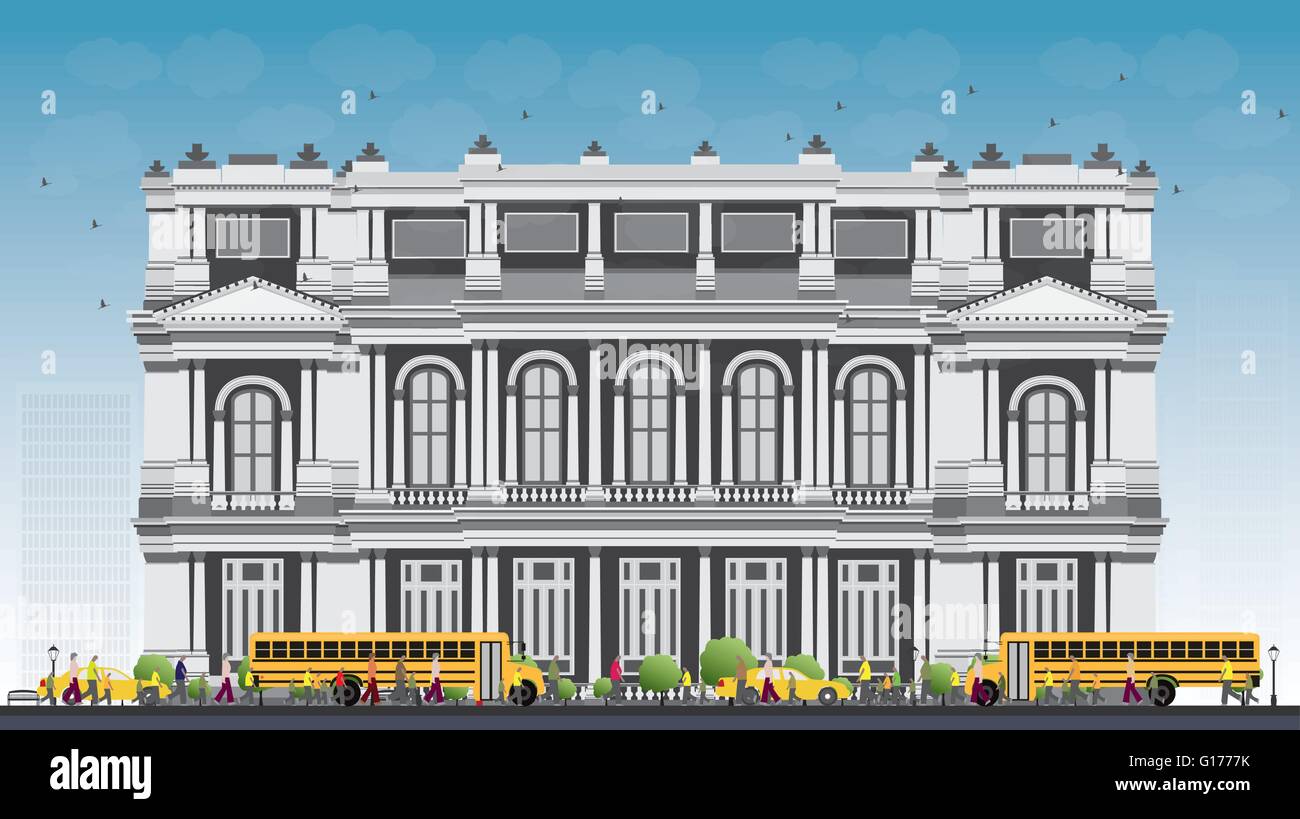 Landschaft mit Schulbus, Schulhaus und Menschen. Vektor-Illustration. Bildungskonzept mit Teil des Stadtlebens. Stock Vektor