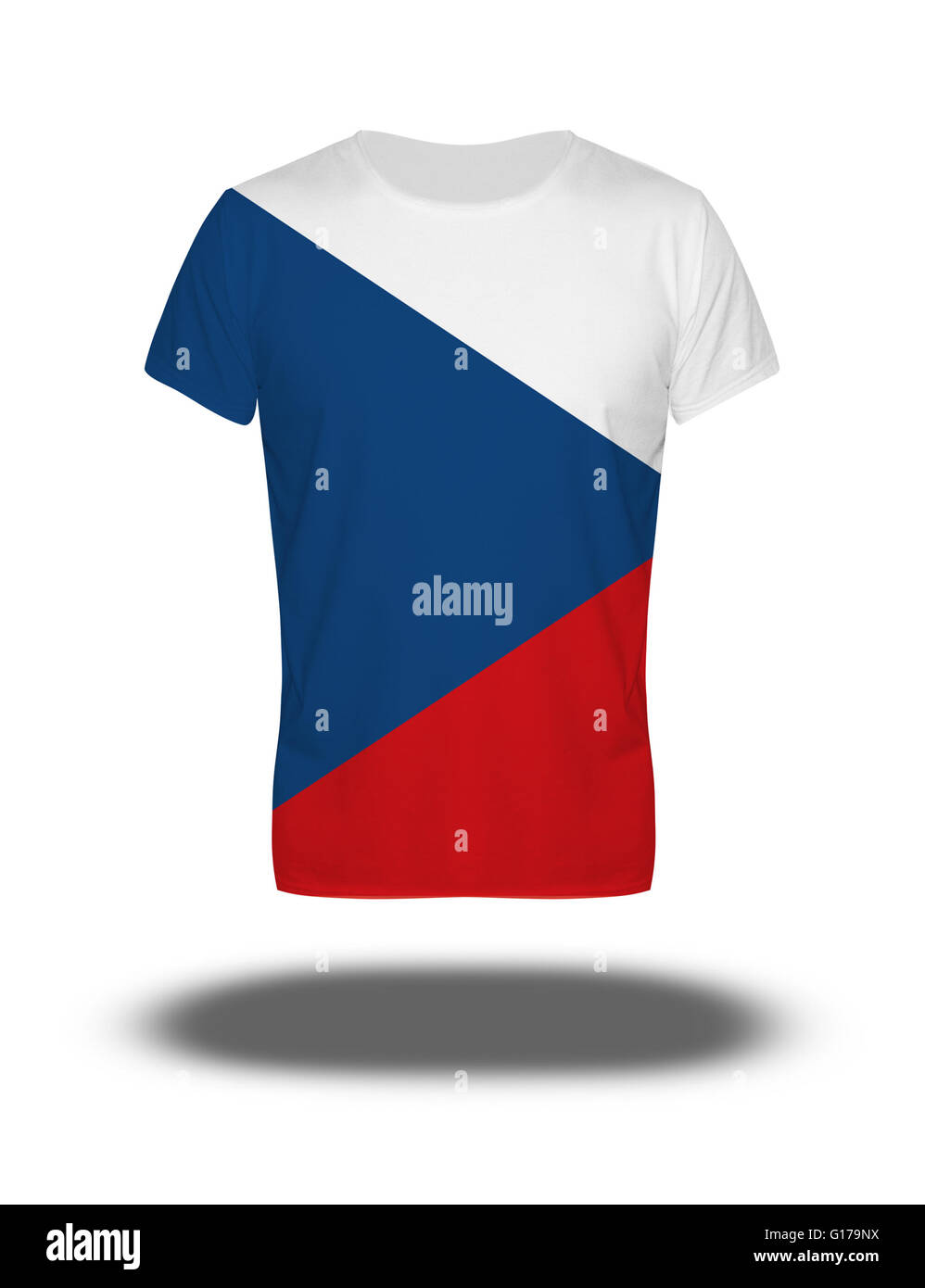 Tschechien Flagge T-shirt auf weißem Hintergrund mit Schatten Stockfoto