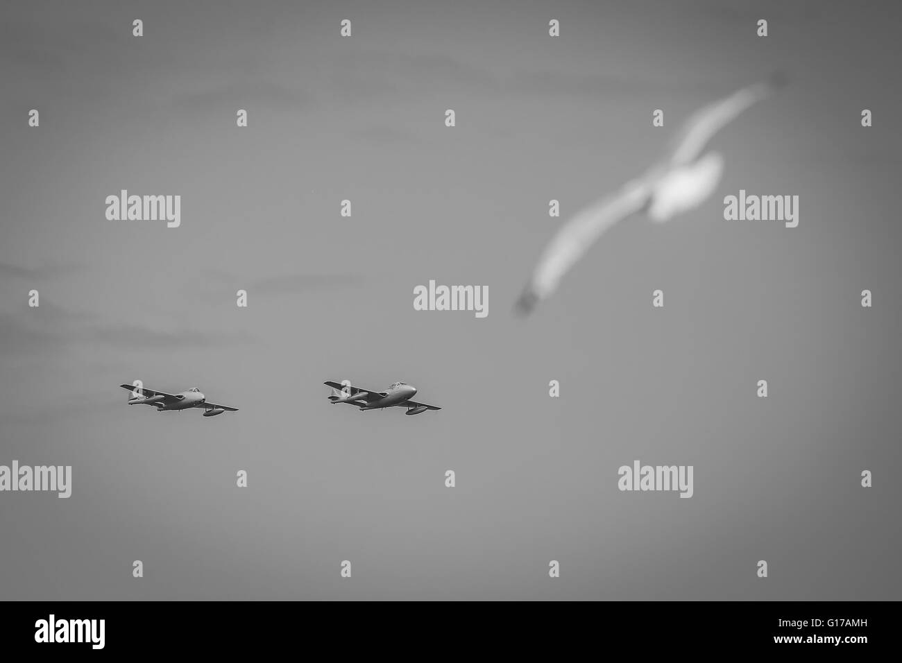 Flugzeuge, Jets und Hubschrauber fliegen Airshow in Stockfoto
