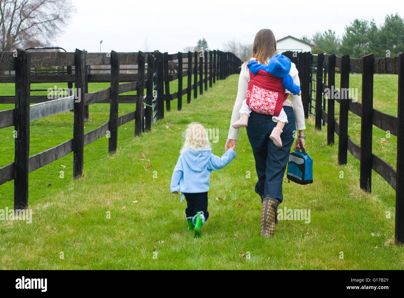 Mutter zu Fuß in Feld mit jungen Tochter, trägt Babymädchen auf Rücken, Rückansicht Stockfoto