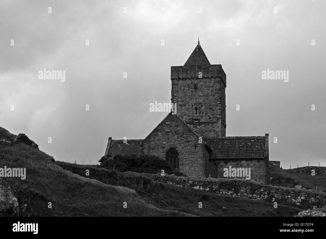 St. Clemens Kirche, Rodel, Harris, Schottland. B&W Stockfoto