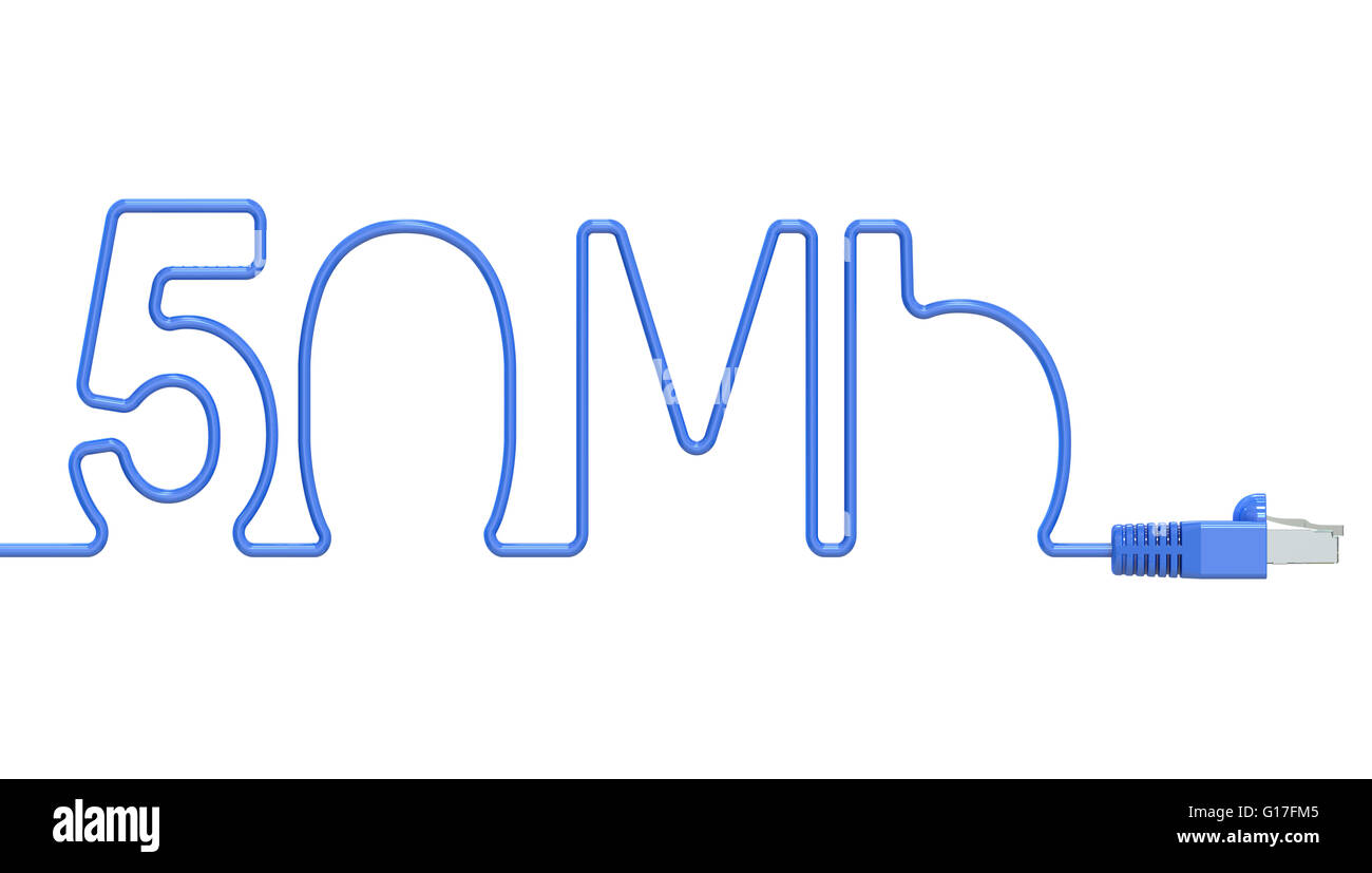 50 Mbit/s Internet-Konzept, Netzwerk-Kabel vom Computer. 3D-Rendering Stockfoto