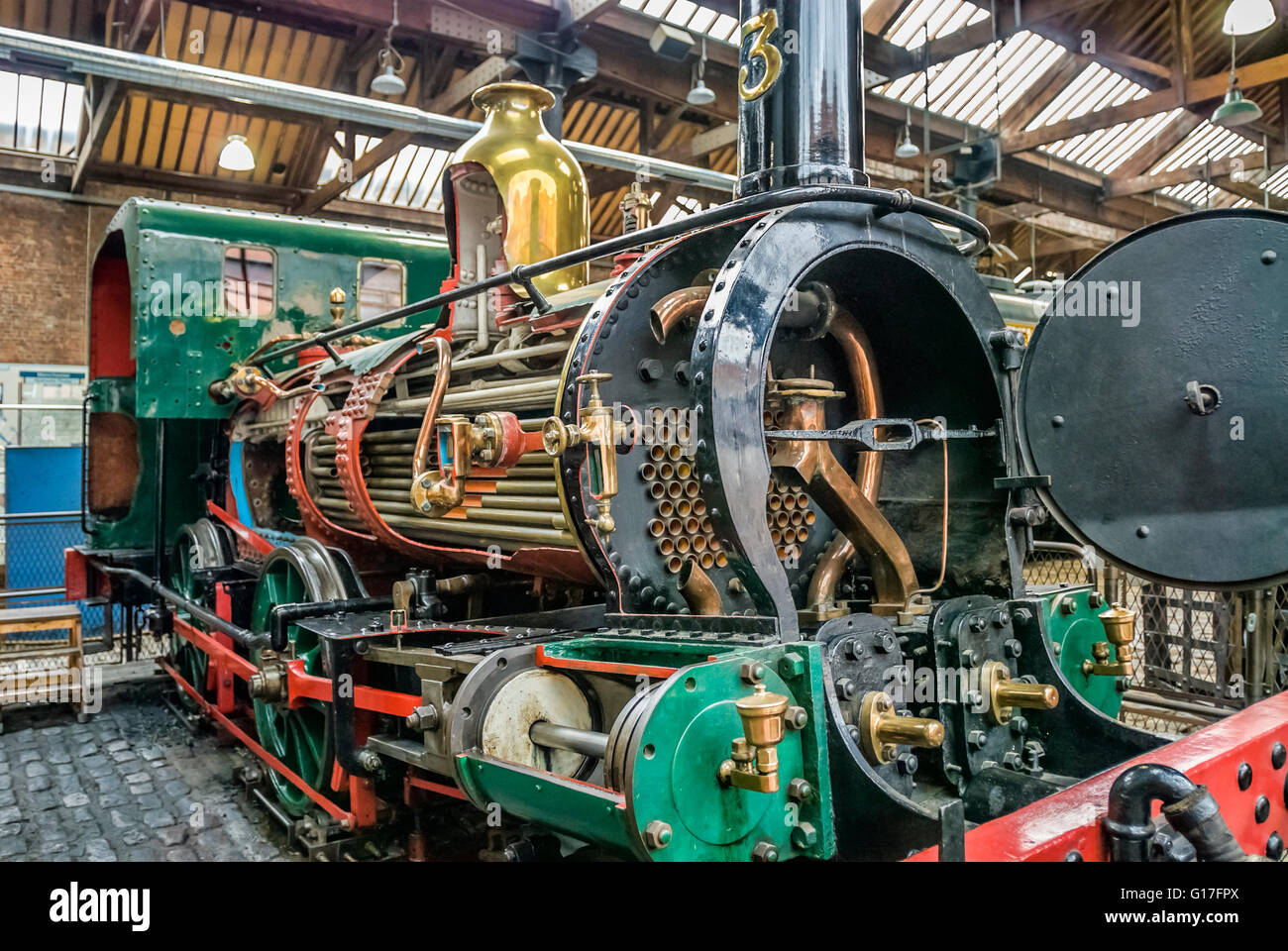 Dampf-Zug-Anzeige auf das Museum of Science and Industry in Manchester (MOSI), England. Stockfoto
