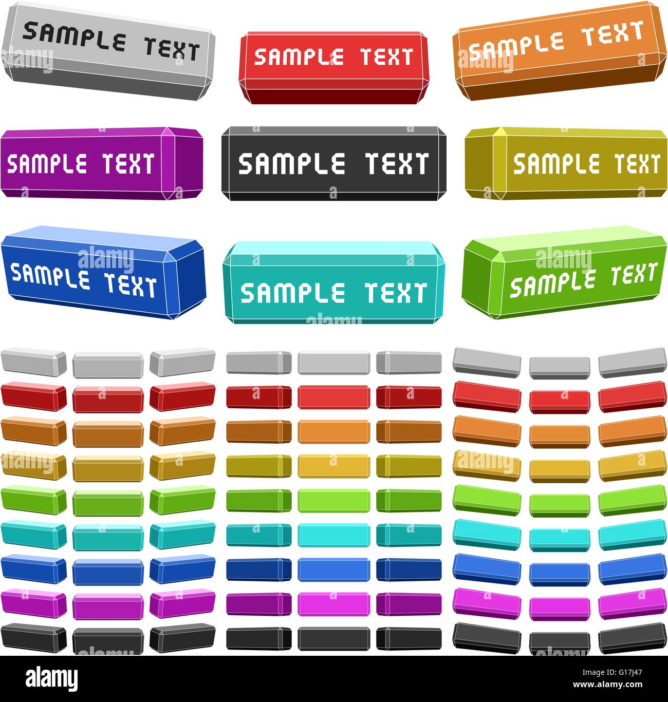 Satz von leeren 3D Web-Schaltflächen in 9 Farben. Stock Vektor