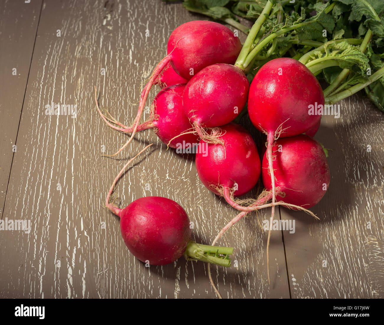 Handvoll frische Radieschen auf Vintage Holztisch Stockfoto