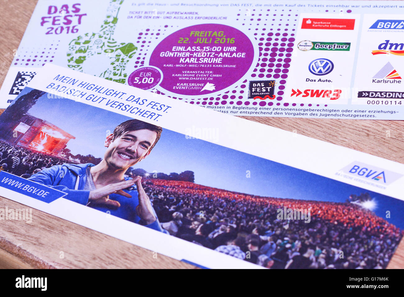 Karlsruhe, Baden-Württemberg, Deutschland - 11. April 2016: Tickets für Das Fest 2016, das Festival ist eines der größten Open-Air-e Stockfoto