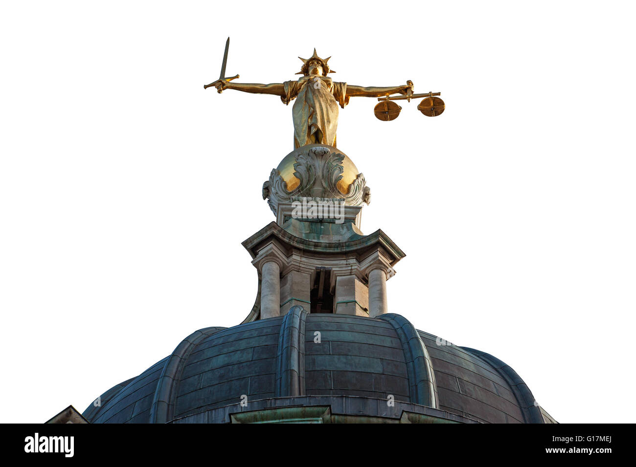 Schneiden Sie aus dem Gold Justitia Statue auf der Spitze des Old Bailey in London, England. Stockfoto