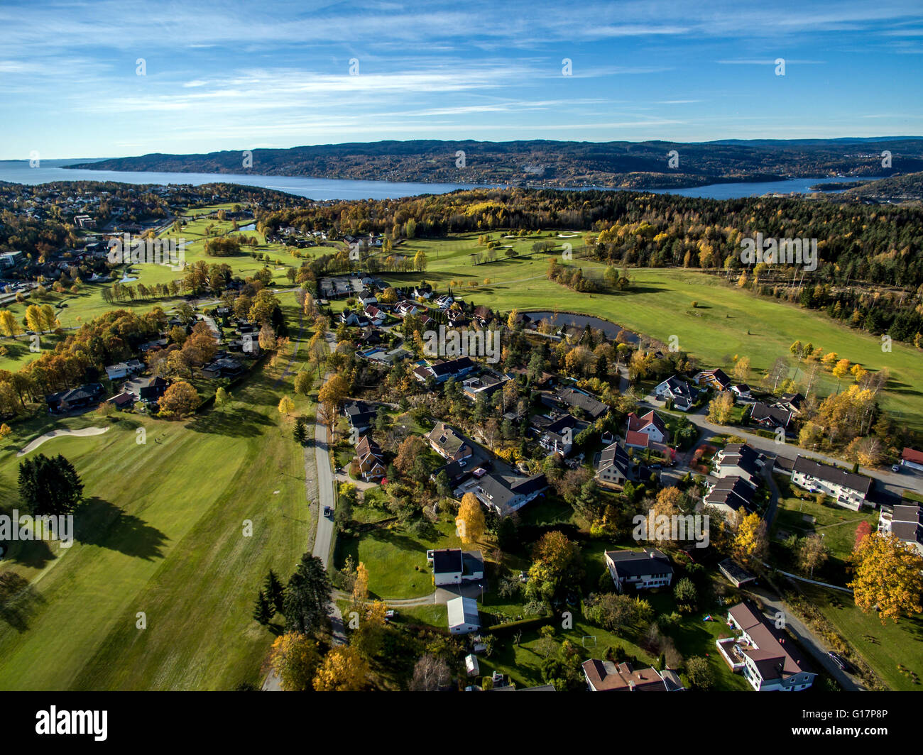 Luftaufnahme des Golfplatzes Drobak, Oslofjord, Norwegen Stockfoto