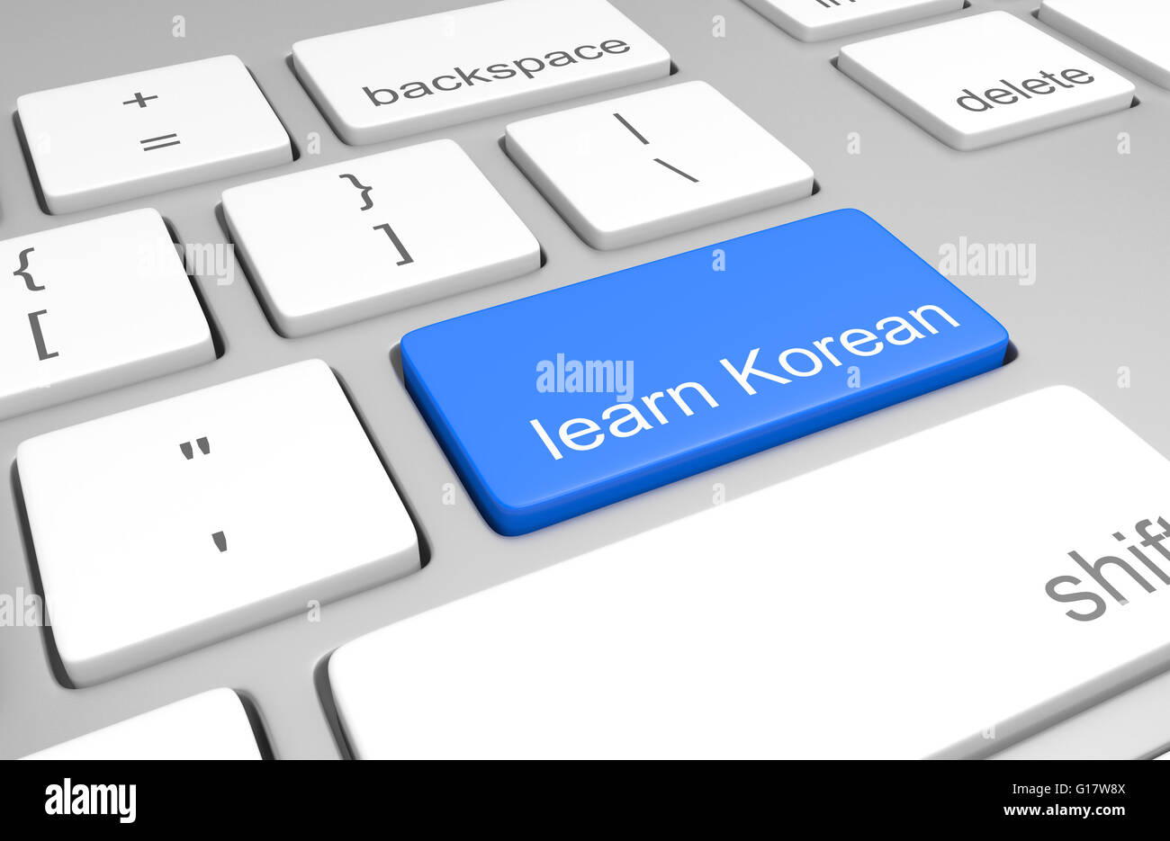 Lernen Koreanisch Taste auf einer Computertastatur für Online-Kurse zu sprechen, lesen und schreiben die Sprache, 3D-Rendering Stockfoto