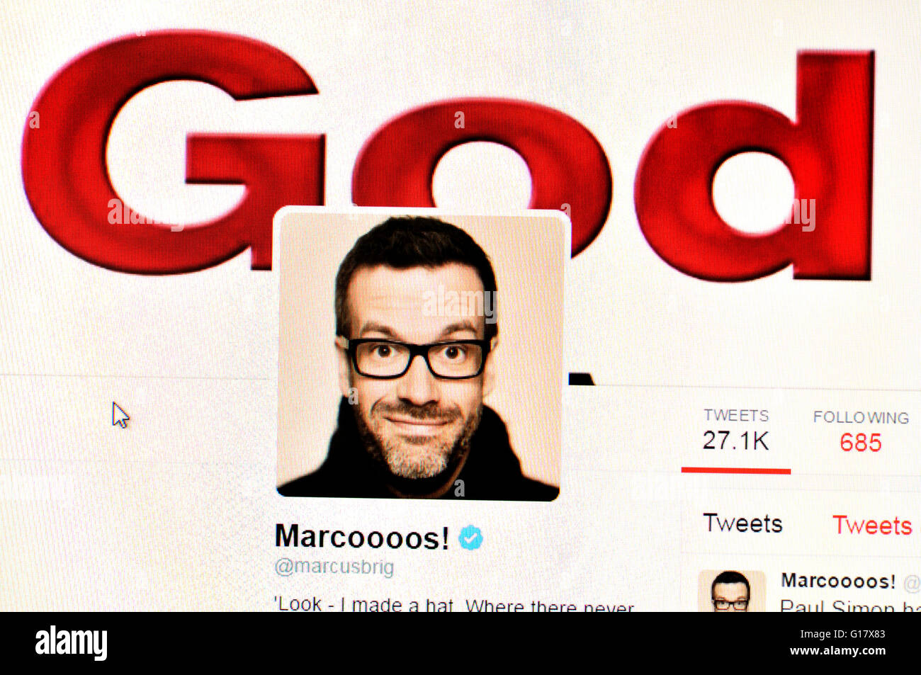 Twitter-Homepage Screenshot: Marcus Brigstock, Komiker (Mai 2016) Stockfoto