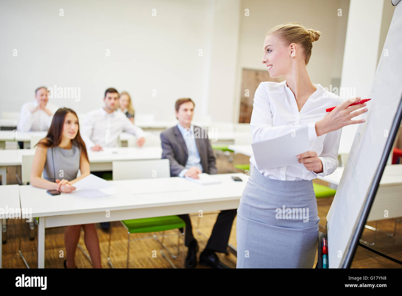 Geschäftsfrau als Professor mit einem Flipchart während einer Präsentation Stockfoto
