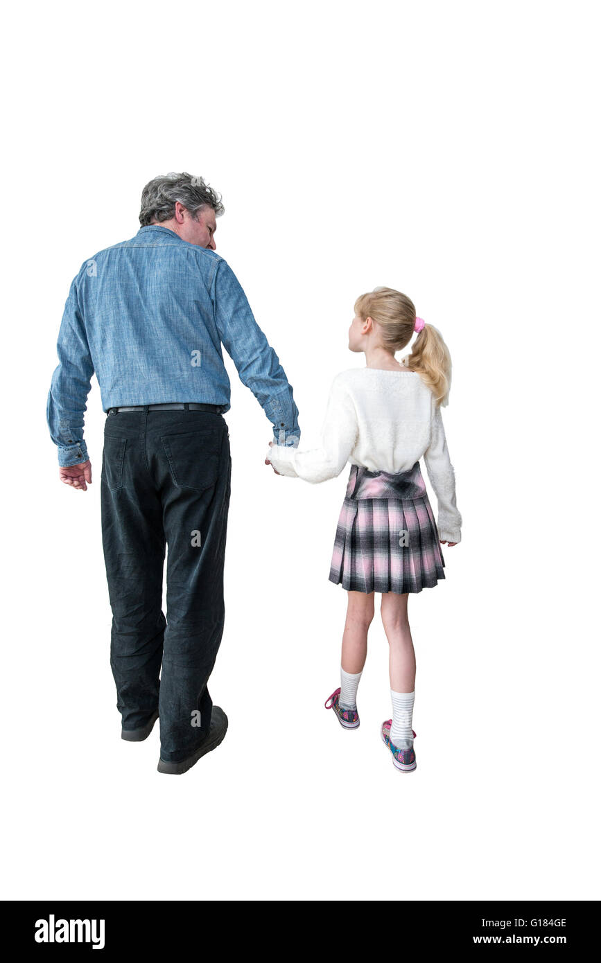 Vater und Tochter zu Fuß zurück zu Kamera, Whiteout, Ausschnitt, Stockfoto