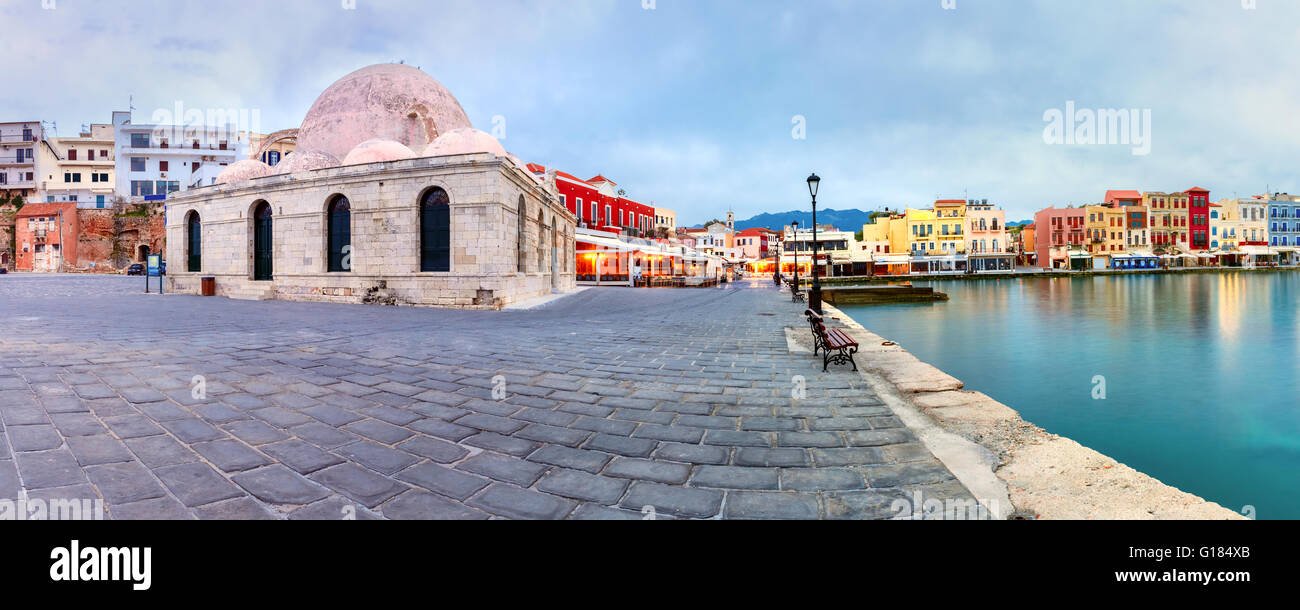 Panorama am Morgen venezianischen Kai, Chania, Crete Stockfoto