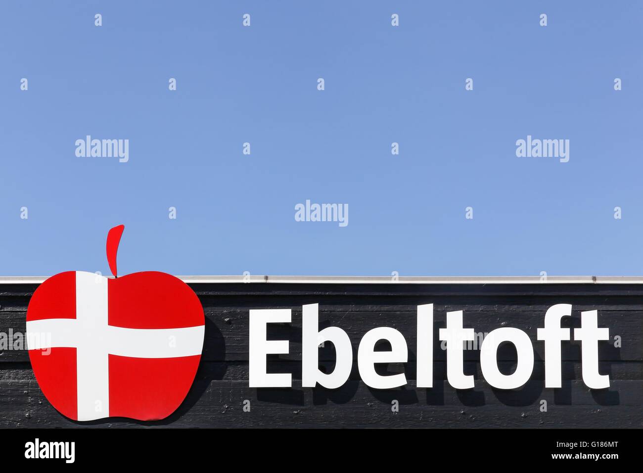 Logo von Ebeltoft in Dänemark Stockfoto