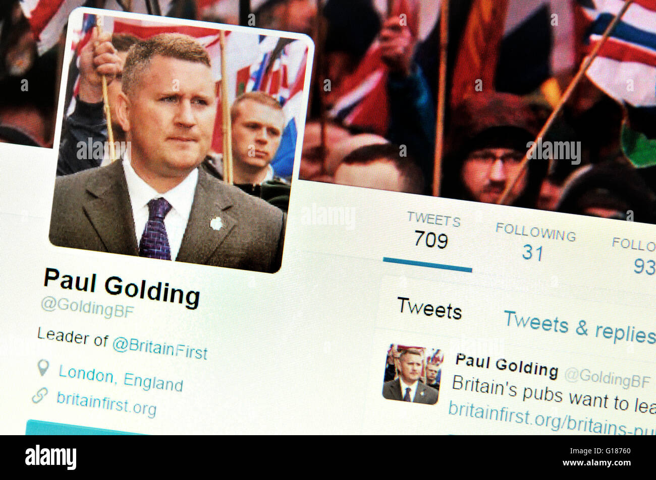 Twitter-Homepage Screenshot: Paul Golding, Britain First (Mai 2016) Stockfoto