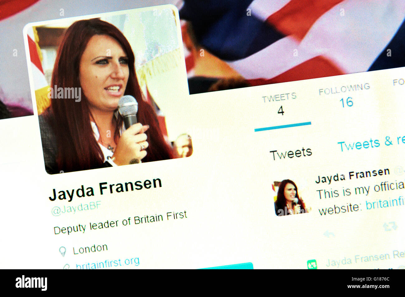 Twitter-Homepage Screenshot: Jayda Fransen, Britain First (Mai 2016) Stockfoto