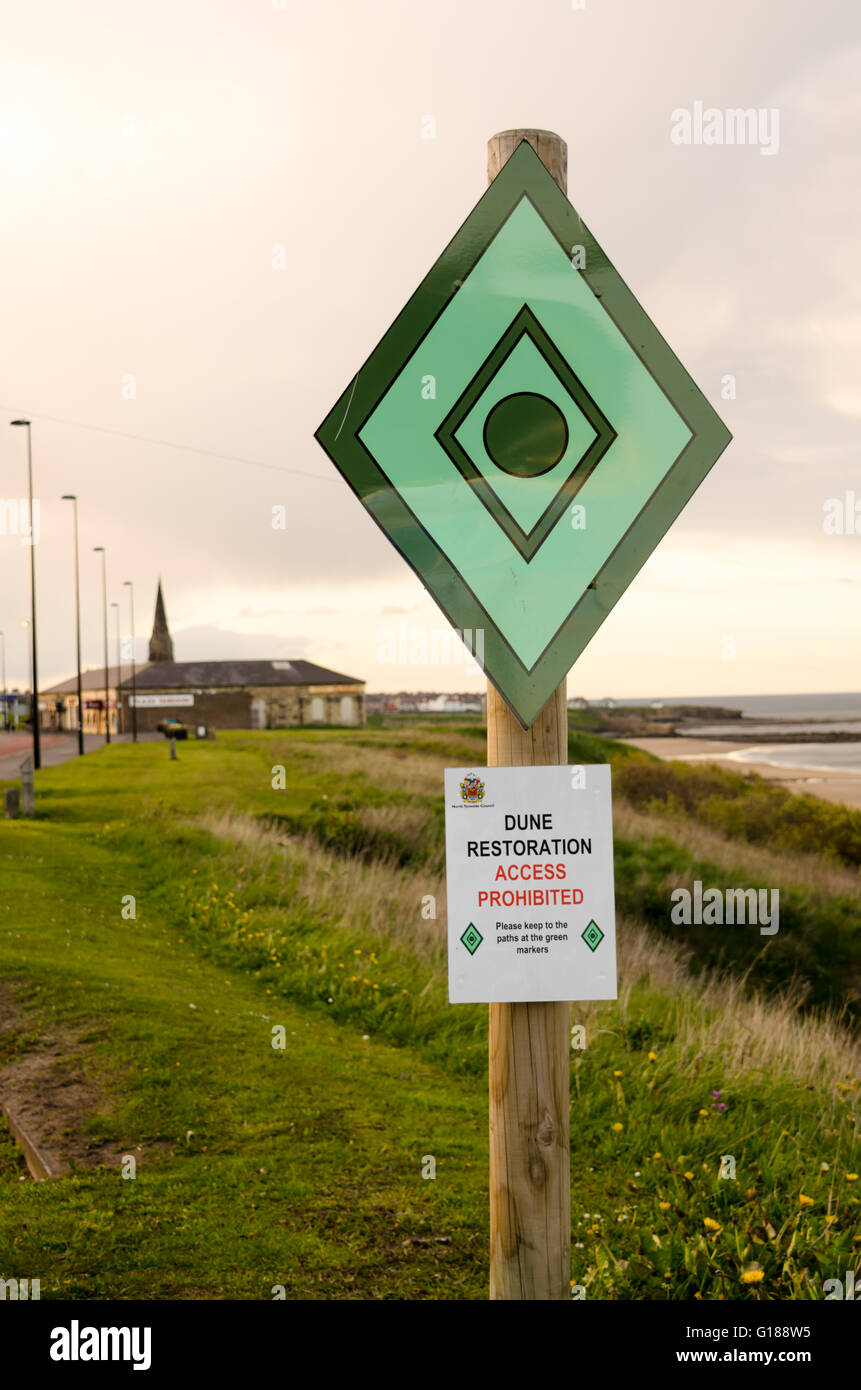 Zugriff Verboten Schild wegen Dune Restauration Tynemouth Stockfoto