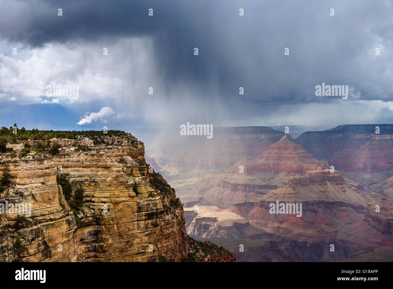 Regen- und Sturmwolken ziehen über den Südrand des Grand Canyon im Grand Canyon National Park, Arizona, USA Stockfoto