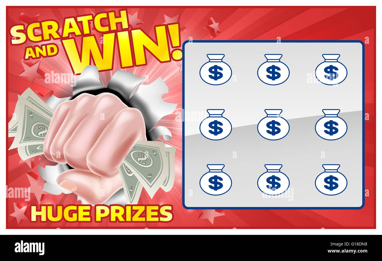 Eine Lotterie instant Scratch und Gewinn Rubbellos mit einer Faust Hand bares Geld Stockfoto