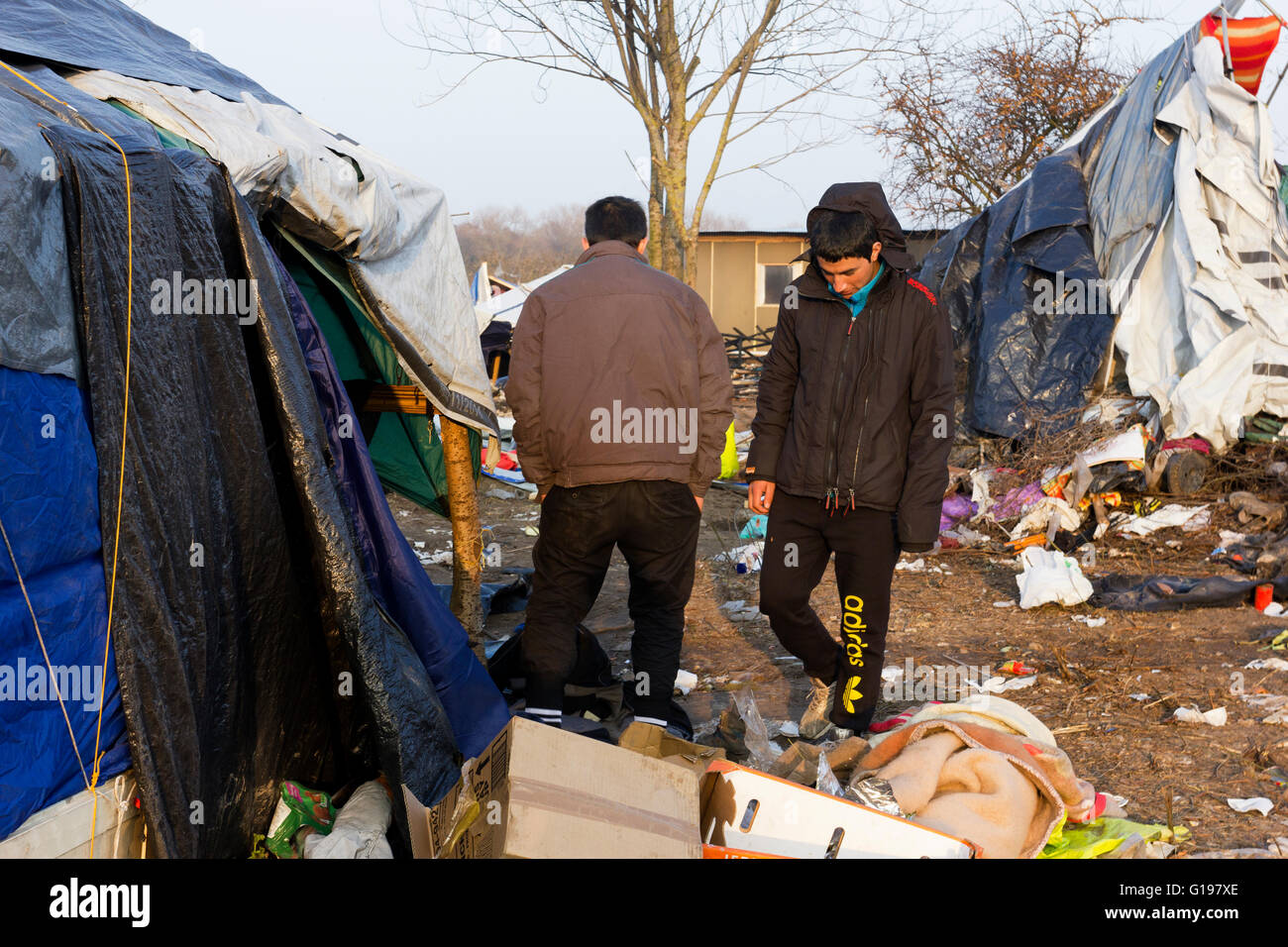 Suchen Habseligkeiten zu retten, die nach dem 1. Vertreibung und Brände. Den Dschungel Refugee and migrant Camp, Calais, Frankreich Stockfoto