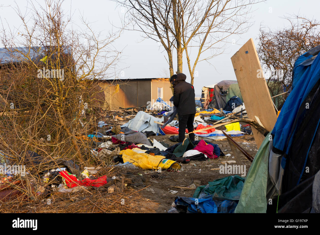 Der Dschungel Flüchtling & Migrant Camp, Calais, Nordfrankreich Stockfoto