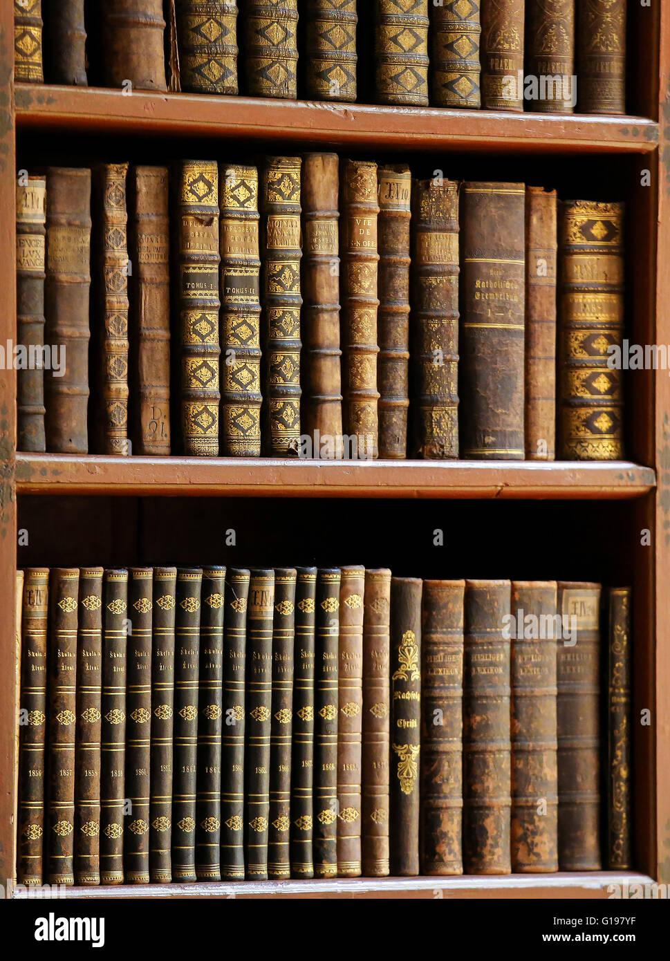 Antiquarische Bücher in der Bibliothek von Prag, Tschechien. Stockfoto