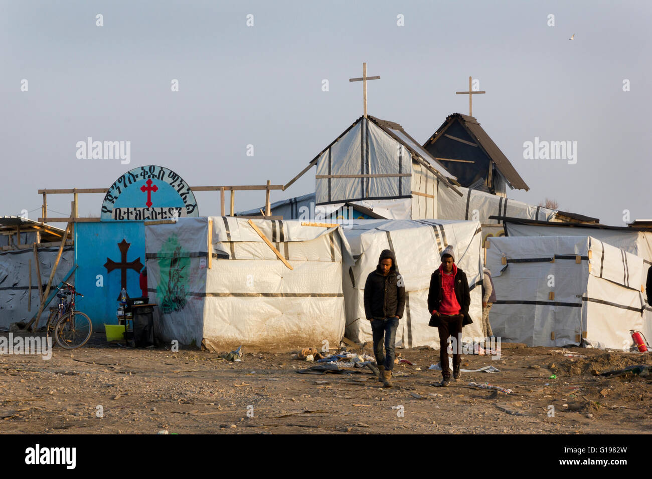 Äthiopische Kirche, The Jungle Flüchtling & Migranten Camp, Calais, Nordfrankreich Stockfoto