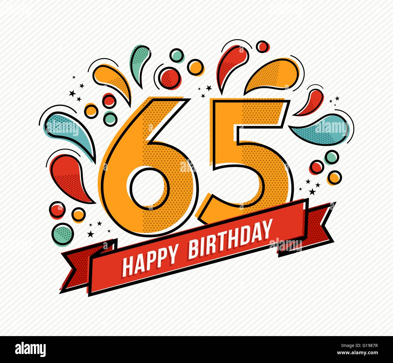 Alles Gute zum Geburtstag Nummer 65, Grußkarte für fünfundsechzig Jahre in modernen flachen Strichzeichnungen mit bunten geometrischen Formen. Stock Vektor