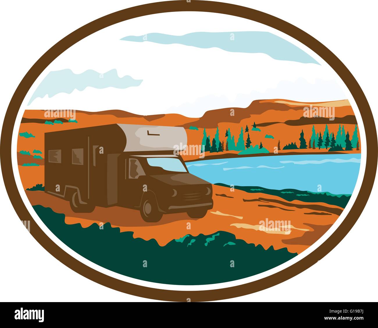 Beispiel für ein Wohnmobil Camper van rv Reisen in die Wüste oder trockenen Steppe mit Wasser Becken See im Hintergrund innerhalb eingestellt Stock Vektor