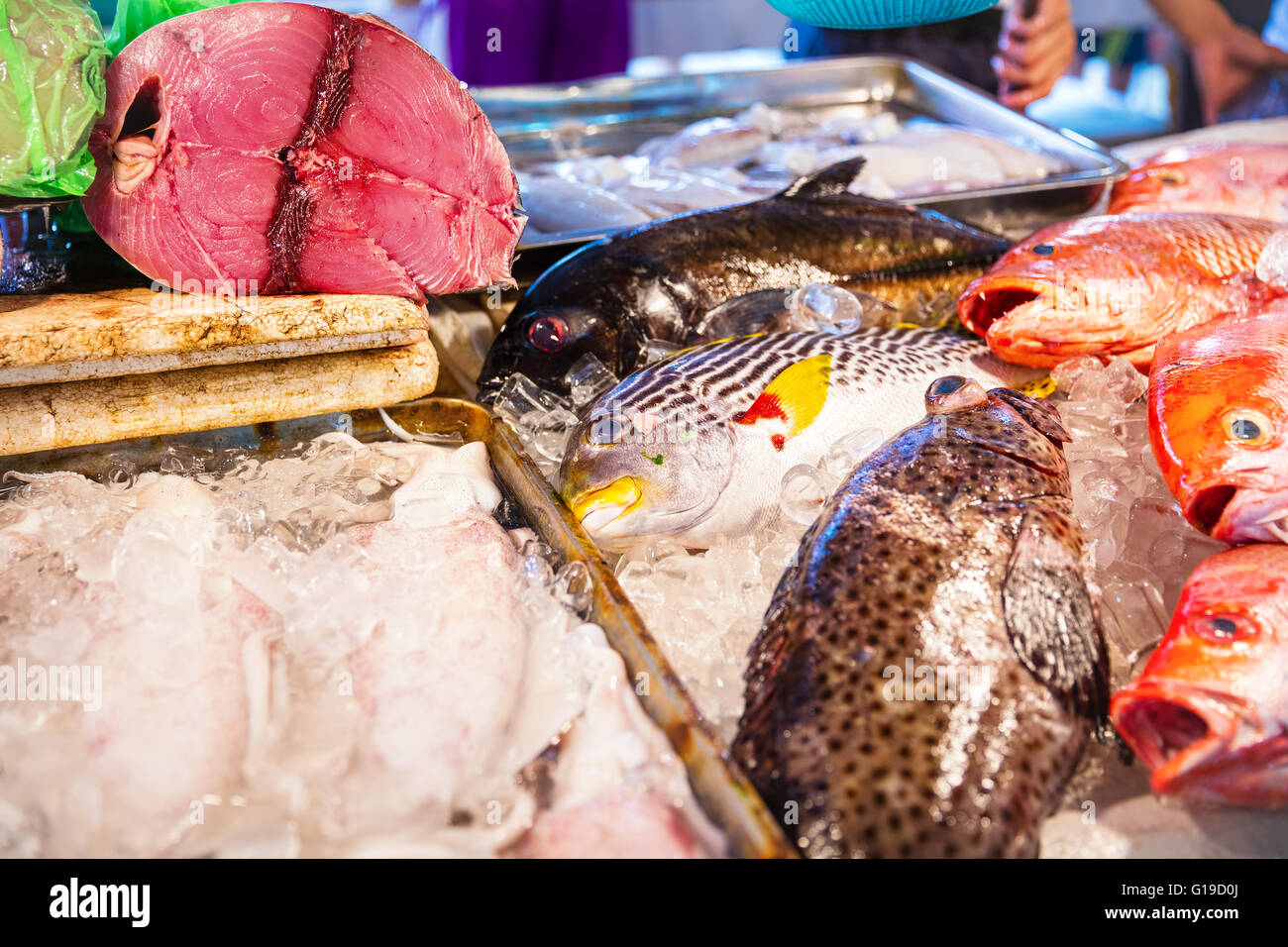 Verschiedene Arten von Fischen zum Verkauf am Fischmarkt in Asien Stockfoto