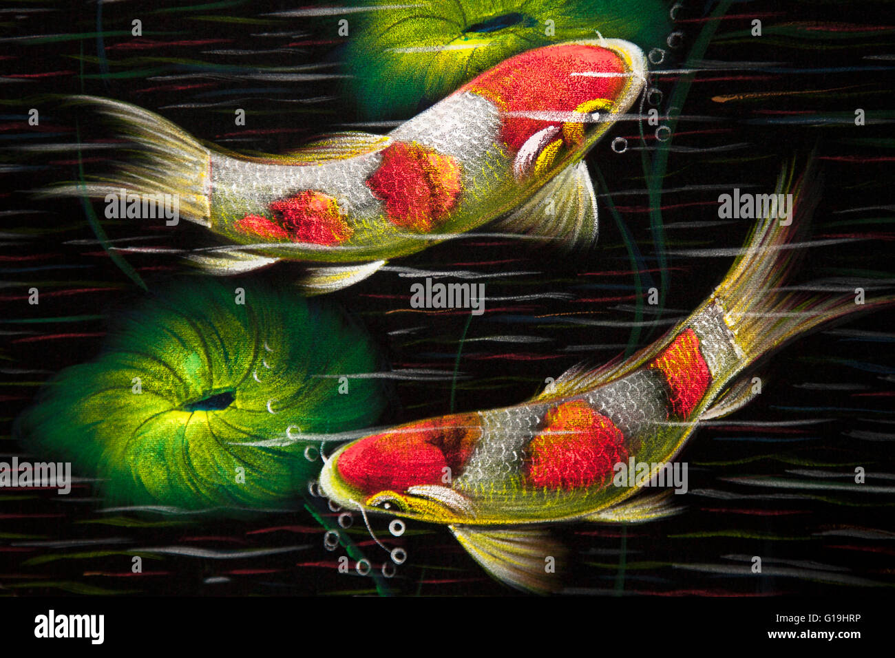 Pom Goldfisch Street Art Fisch malen. Karpfen fische Abbildung, mit der geschwungenen Kurven der fish Blowing Bubbles. Thailand Artwork. Stockfoto