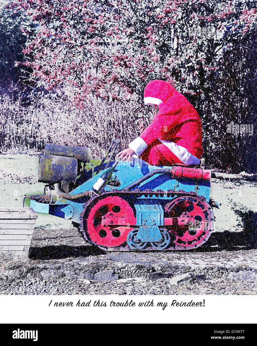 Weihnachtskarte.  Ich hatte nie dieses Problem mit meinem Rentier! Stockfoto