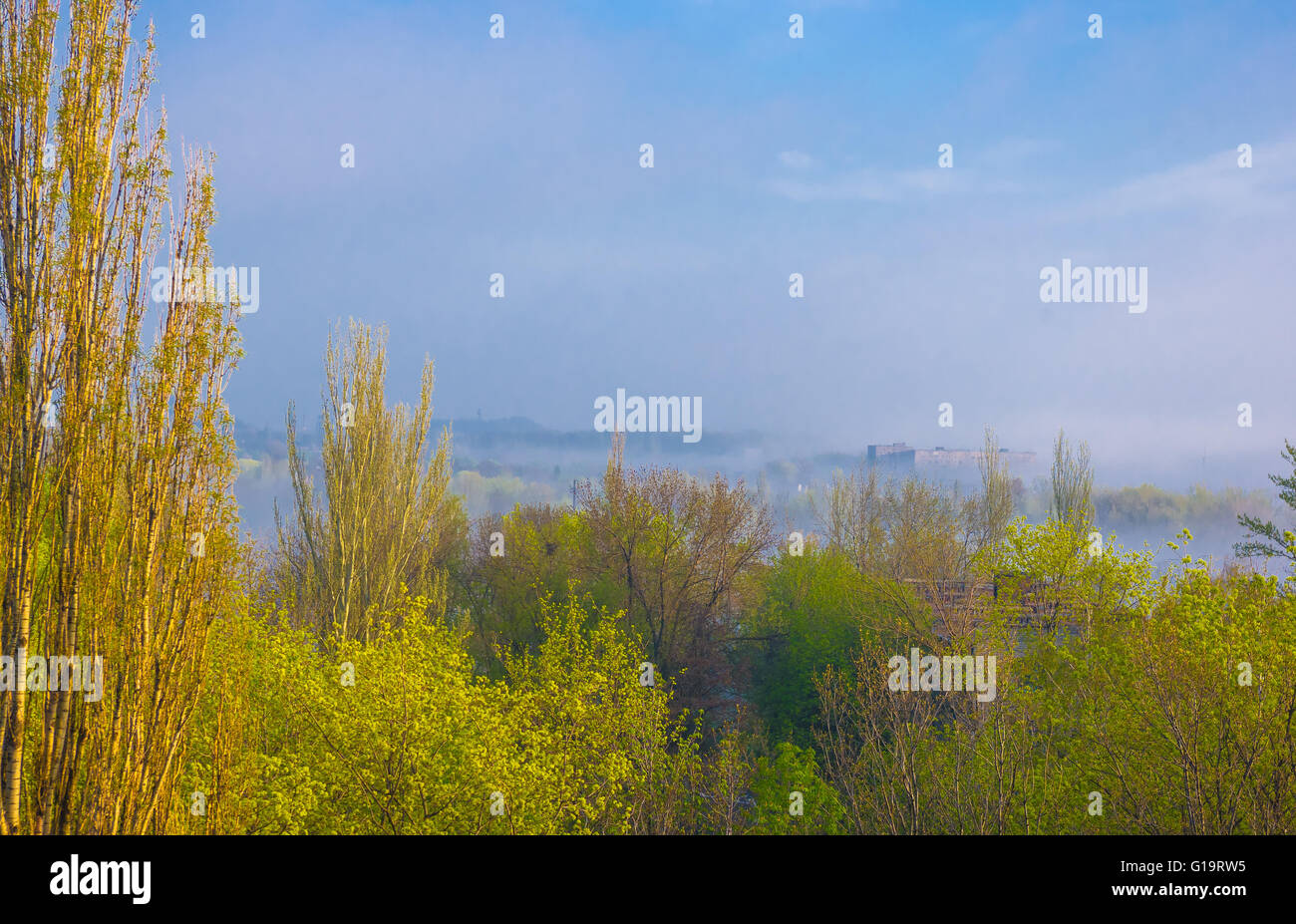 Blick auf die Stadt im Morgennebel im zeitigen Frühjahr Stockfoto