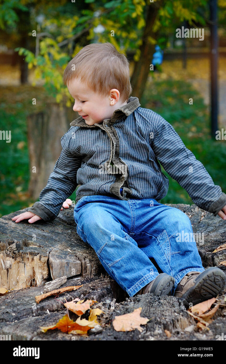 Junge sitzt auf einem Baumstumpf im Herbst Stockfoto
