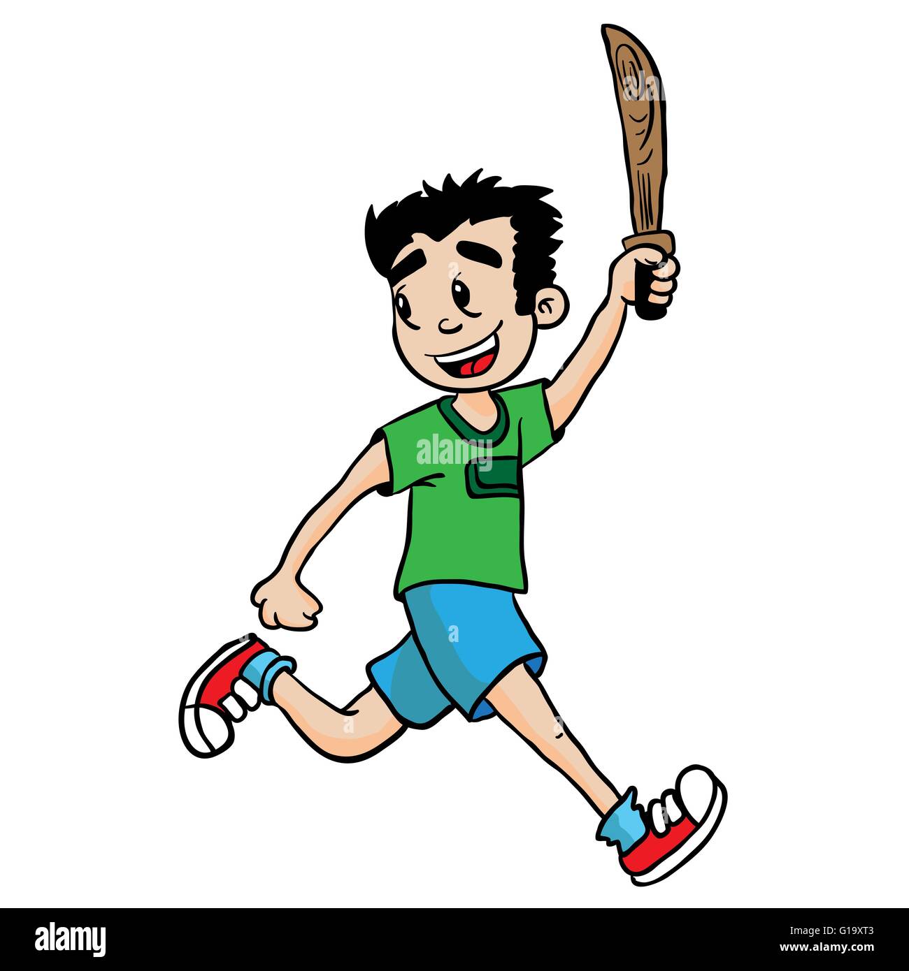 Junge mit Holzschwert läuft Cartoon Illustration isoliert auf weiss Stock Vektor