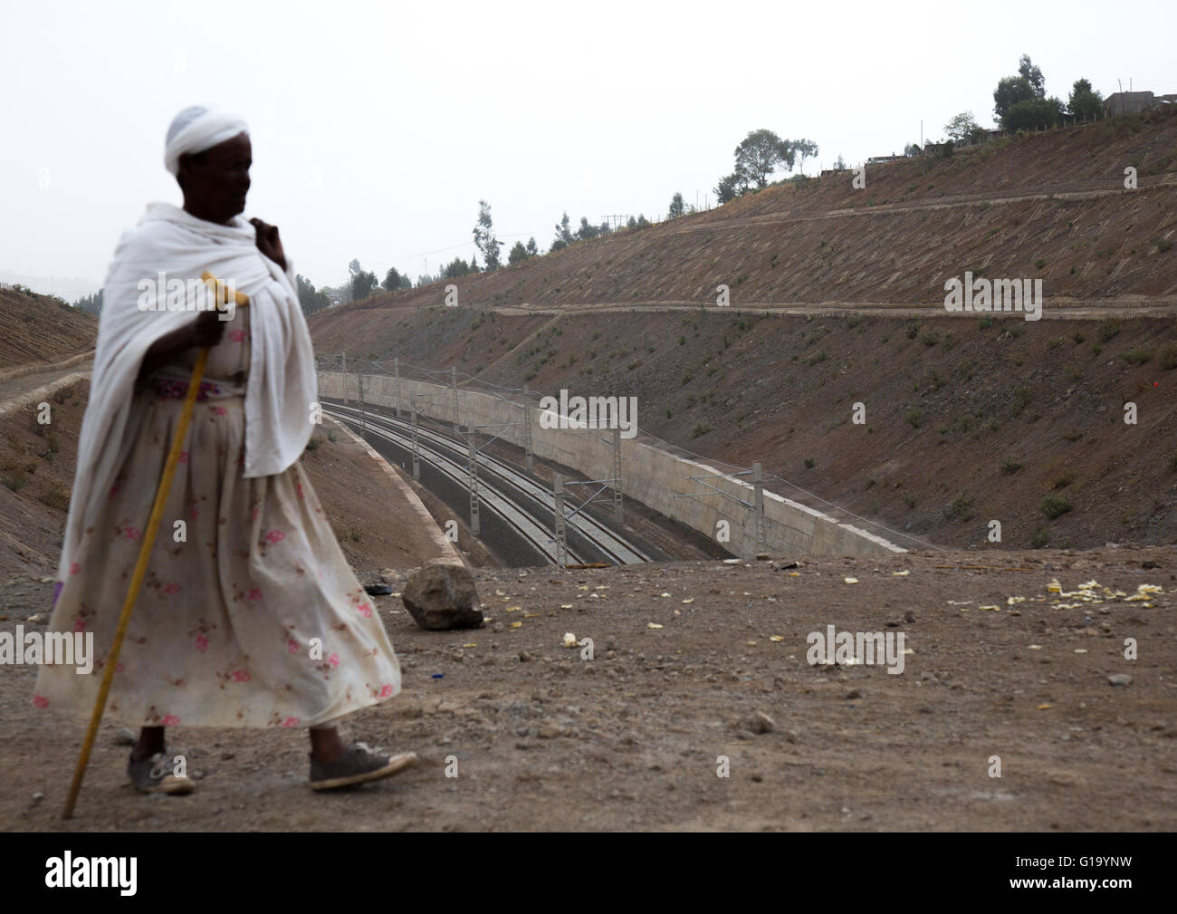 Elektrische Eisenbahn-Neubaustrecke nach Djibouti, Addis Abeba Region, Addis Ababa, Äthiopien Stockfoto