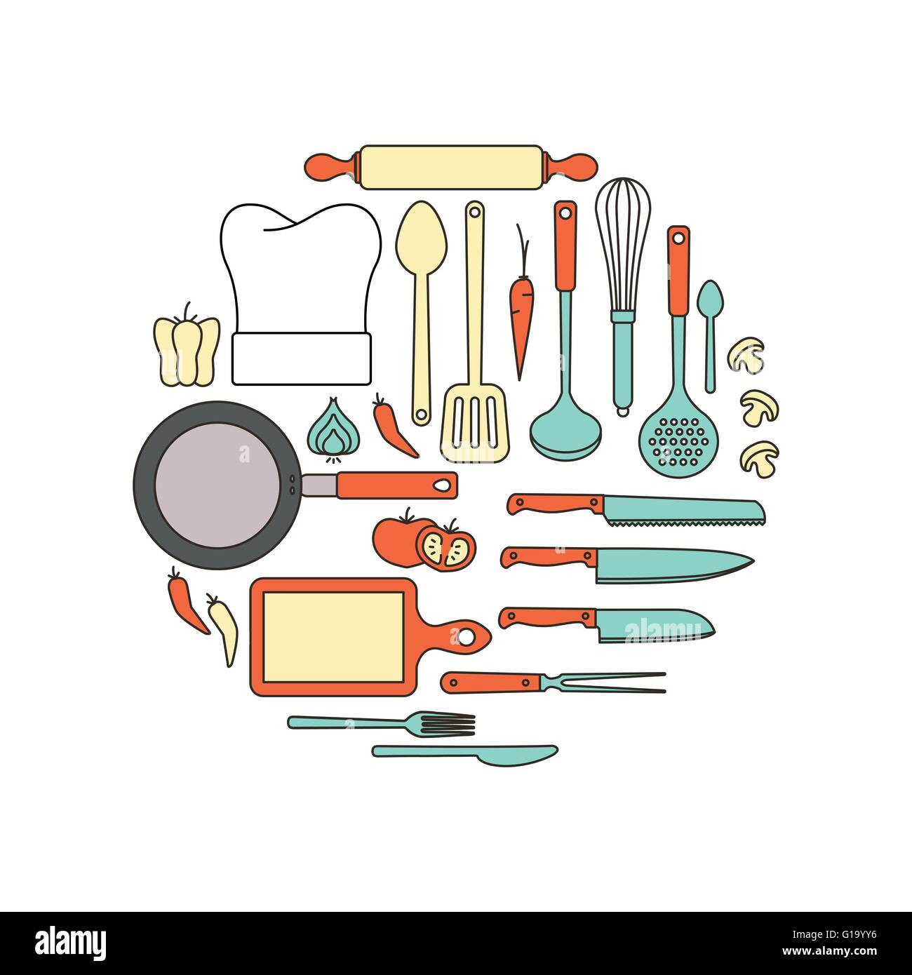 Küche und Kochutensilien, dünne Linie Objekte in eine Runde Form auf weißem Hintergrund Stock Vektor