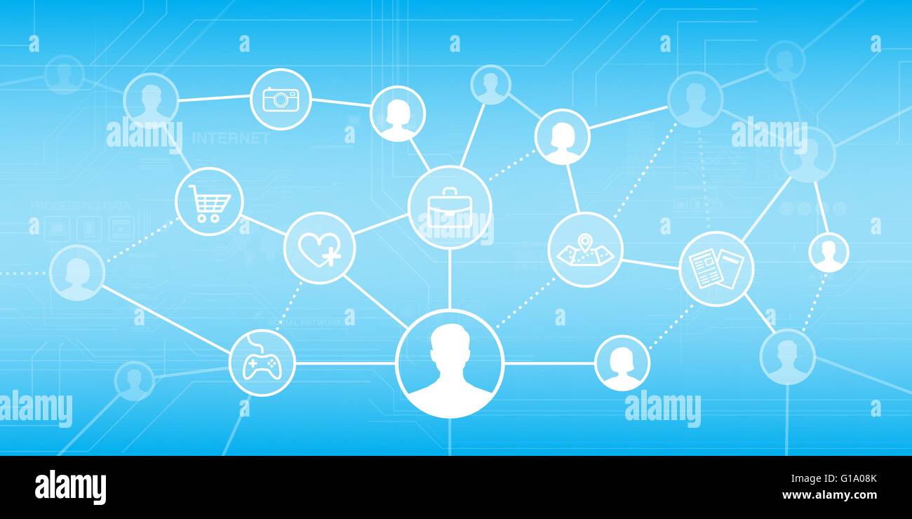 Social Media Netzwerk mit männlichen und weiblichen Avatare und Web Icons set Stock Vektor