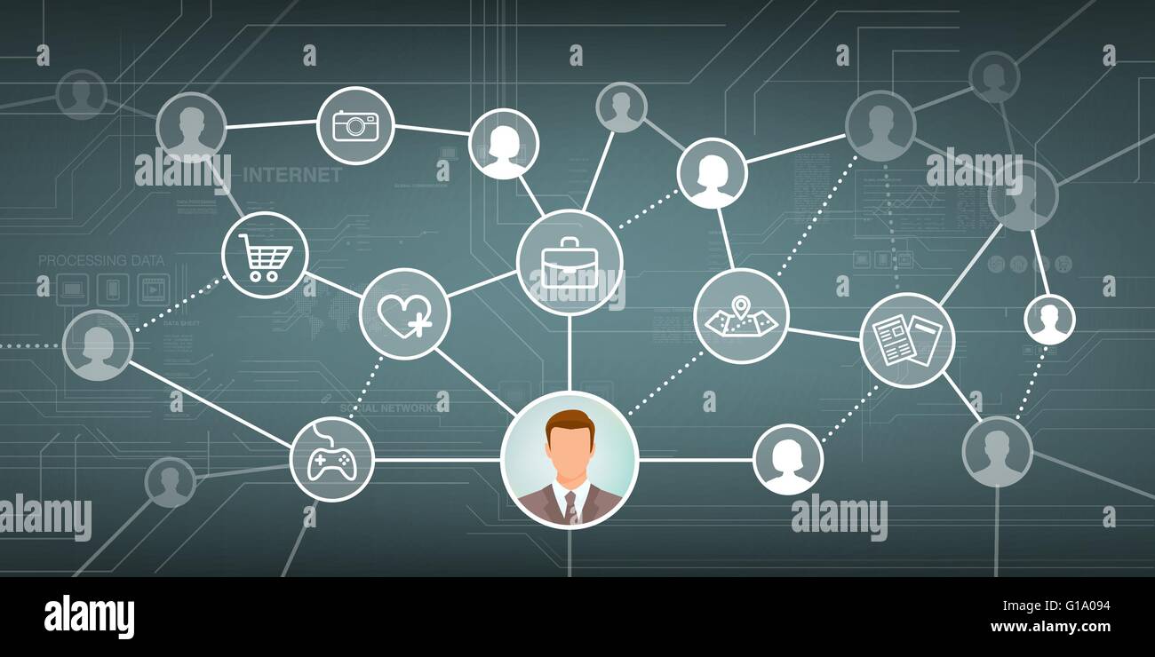 Social Media Netzwerk mit männlichen und weiblichen Avatare und Web Icons set Stock Vektor